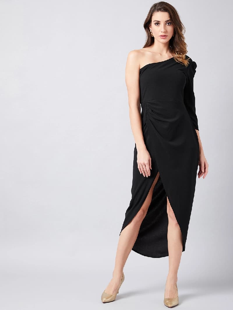 Women's Black Party Solid Regular Fit Dress