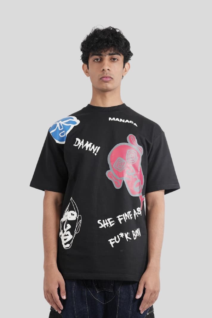 Unisex Black Casual Printed Oversized Fit Tshirt