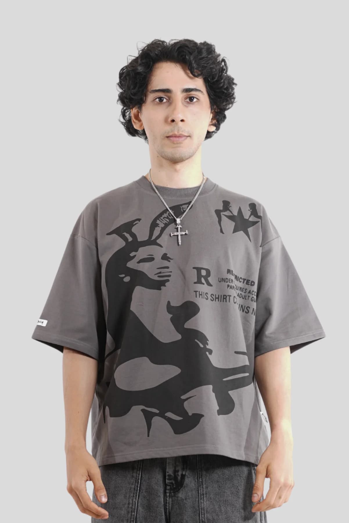 Unisex Grey Casual Printed Oversized Fit Tshirt