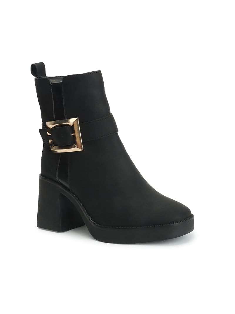 Women's Black Outdoor Synthetic Platform Ankle Boots with Wide Buckle
