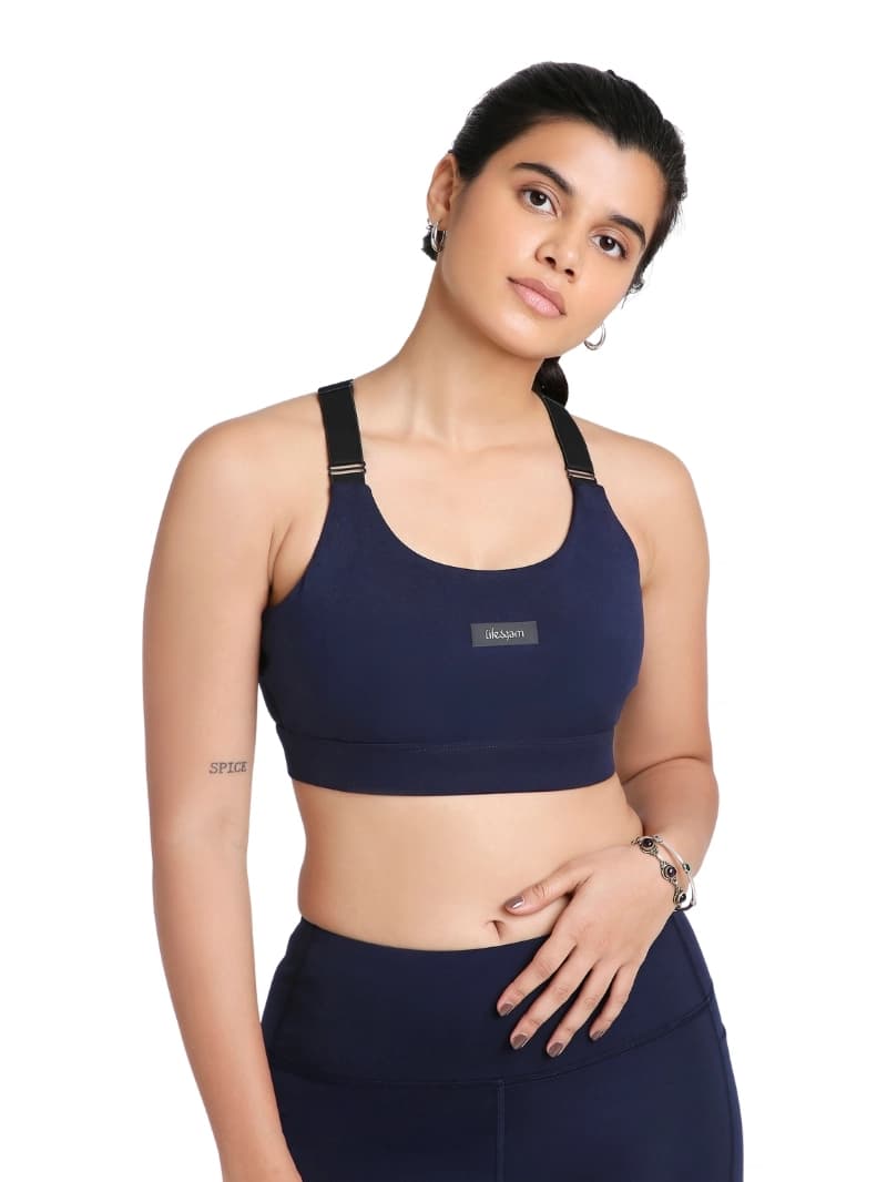 Women's Navy Blue Adjustable Straps Solid Sports Bra