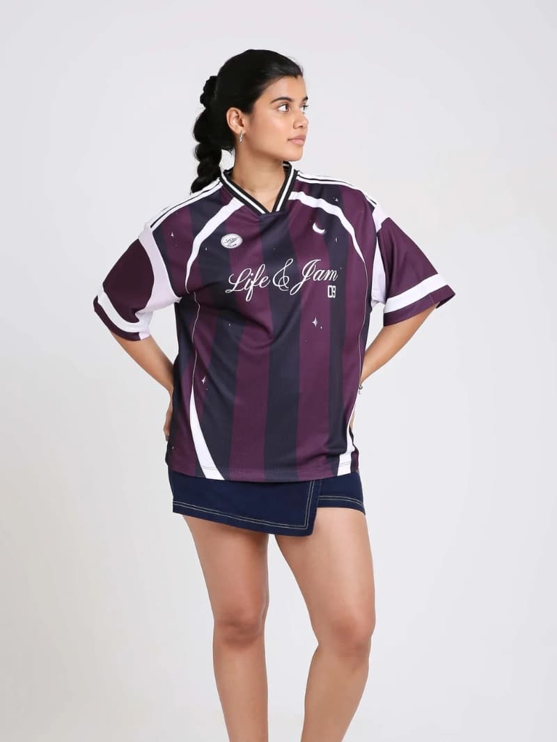 Women's Purple Sports Striped Oversized Fit Top
