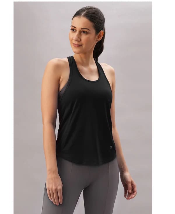 Women's Black Sports Solid Regular Fit Tank