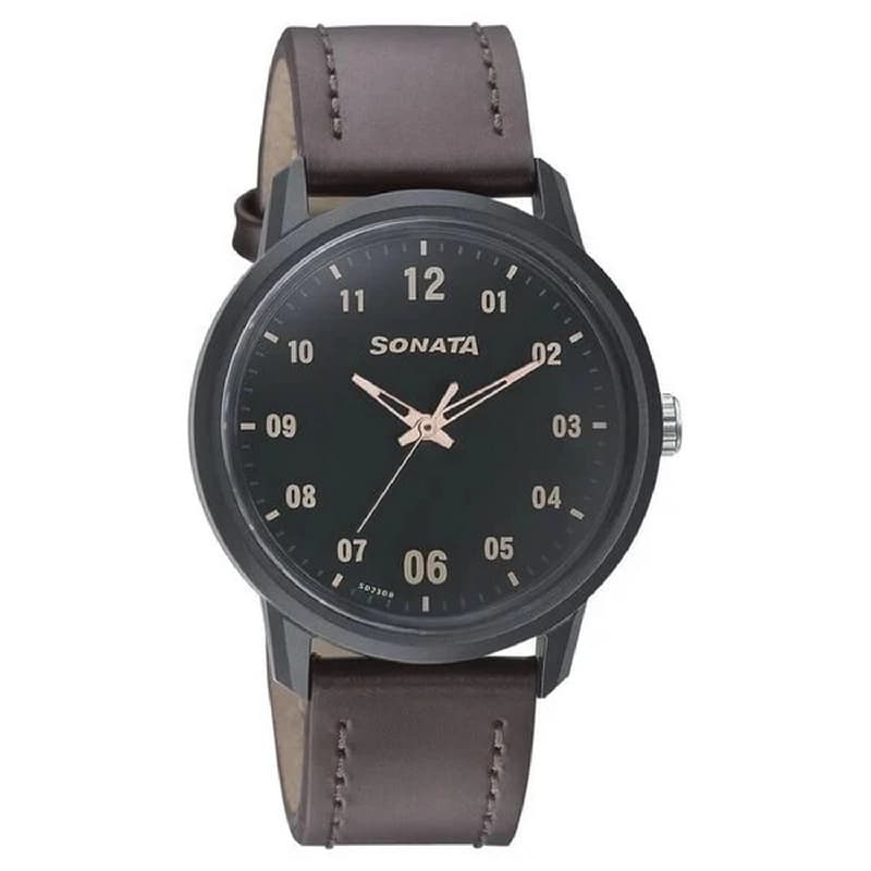 Men's Green Volt Quartz Analog Dark Dial Brown Leather Strap Watch