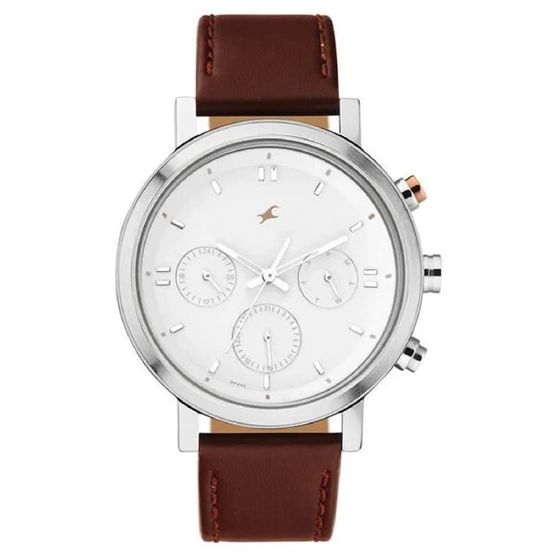 Men's White Tick Tock Quartz Multifunction Dial Brown Leather Strap Watch