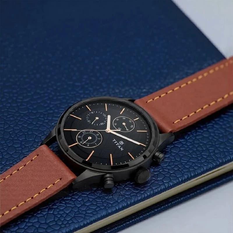 Men's Black Workwear Quartz Multifunction Dial Brown Leather Strap Watch