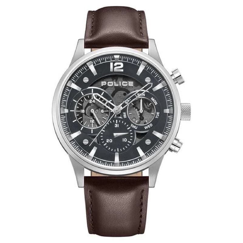 Men's Grey Quartz Multifunction Dial Brown Leather Strap Watch