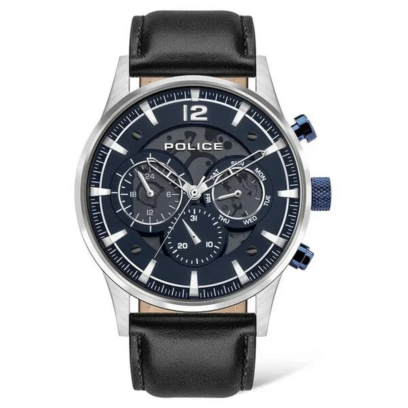 Men's Blue Quartz Multifunction Dial Leather Strap Watch