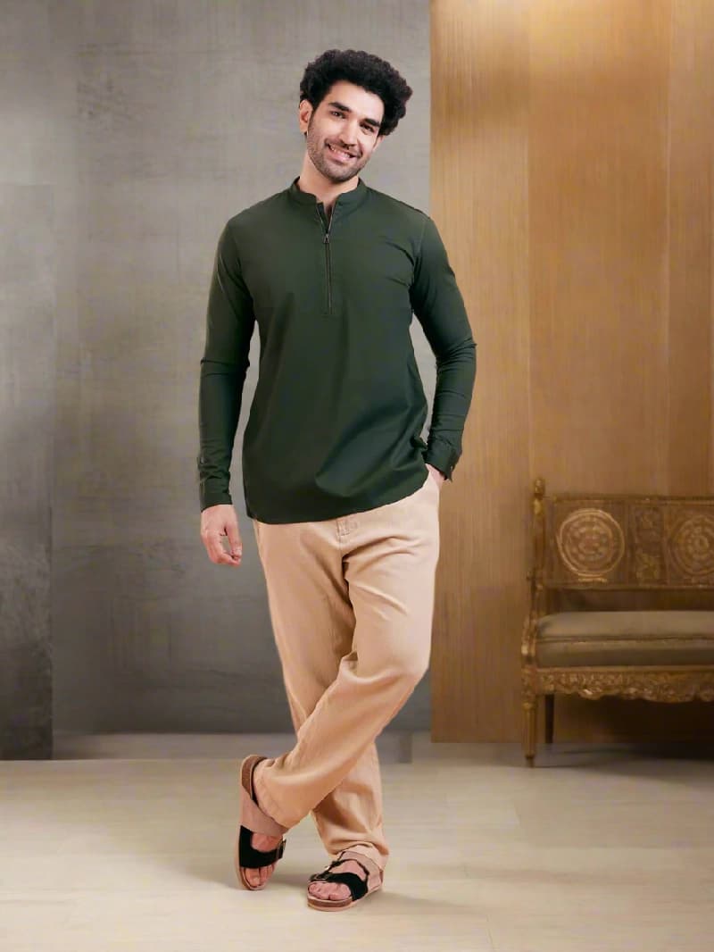 Men's Green Casual Solid Regular Fit Short Kurta