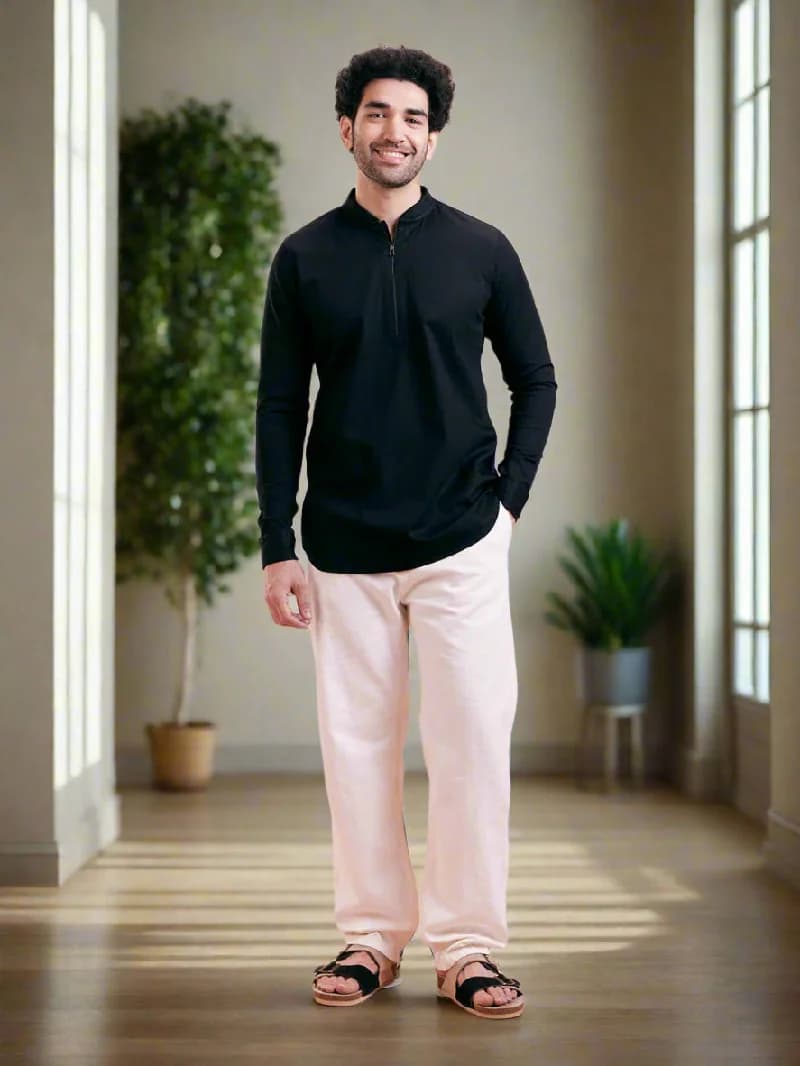 Men's Black Casual Solid Regular Fit Short Kurta