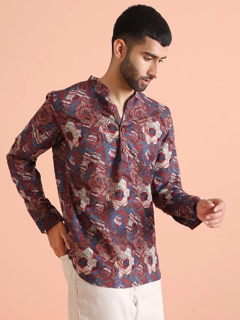 Men's Multicolor Festive Printed Regular Fit Short Kurta