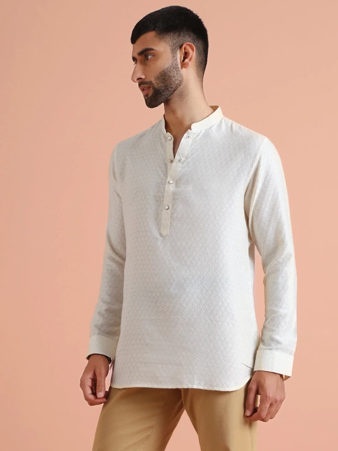 Men's Cream Festive Printed Regular Fit Short Silk Kurta