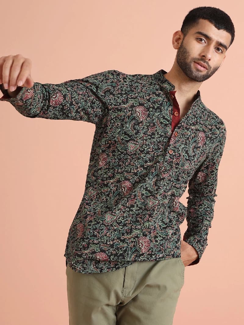 Men's Black Festive Printed Regular Fit Short Kurta