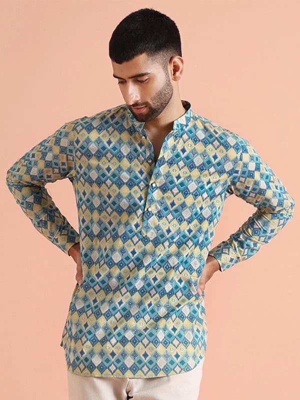 Men's Multicolor Casual Printed Regular Fit Short Cotton Kurta