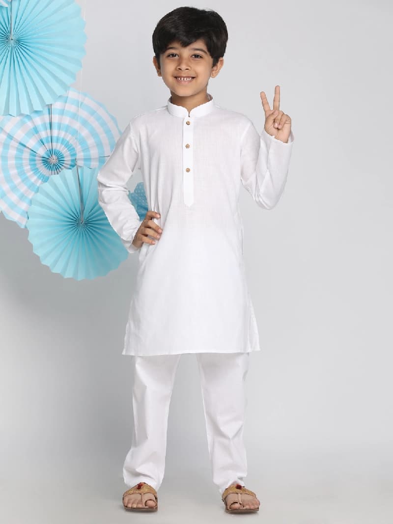 Boys Cotton White Solid Kurta Pyjama Sets