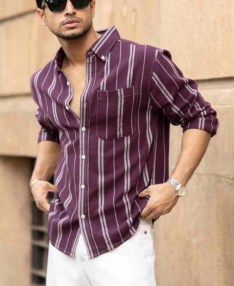 Men's Purple Casual Striped Regular Fit Cotton Shirt