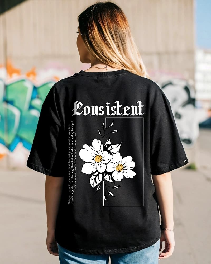 Women's Black Casual Graphic Oversized Fit Tshirt