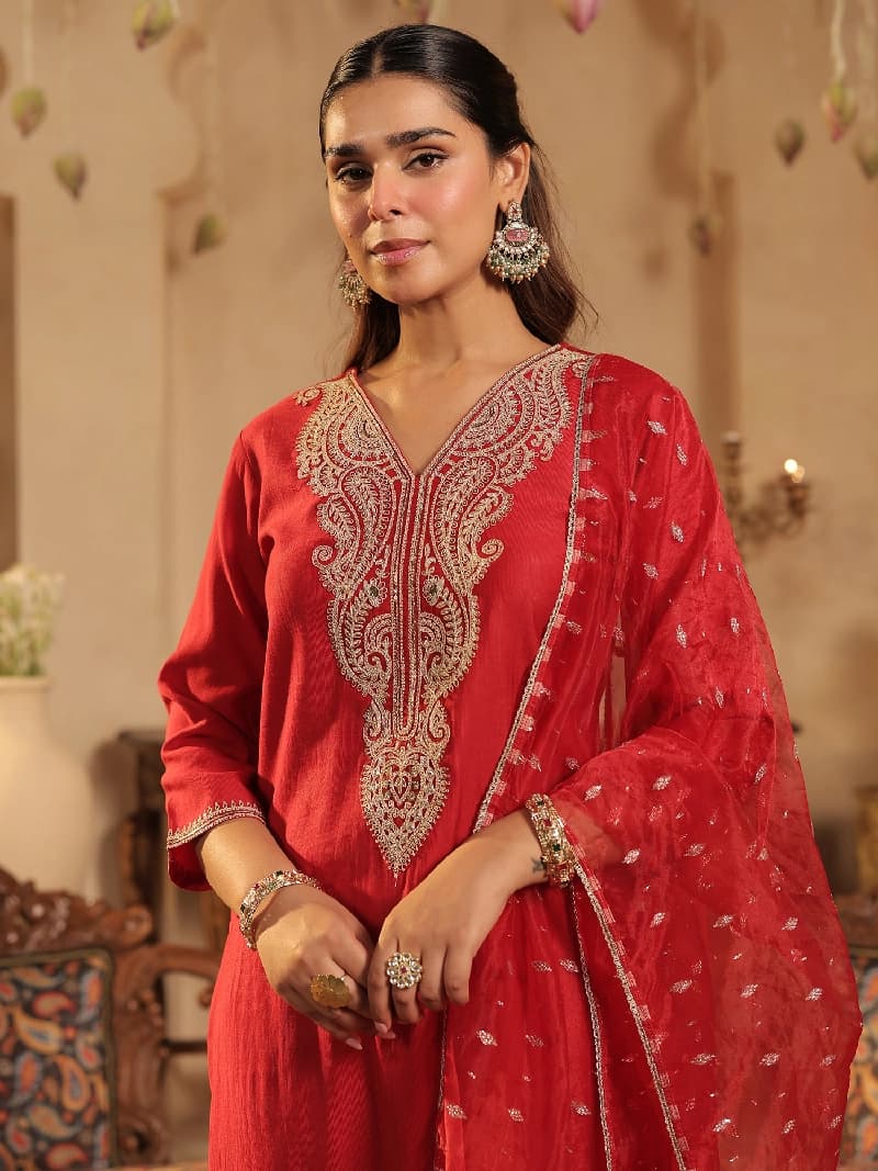 Women's Red Festive Kurta Set