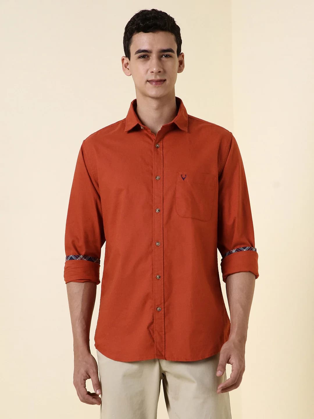 Men's Orange Casual Solid Regular Fit Cotton Shirt
