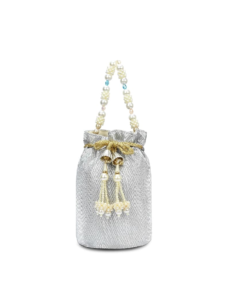 Women's Silver Fabric Signature Bisbee Pearl Handle Potli
