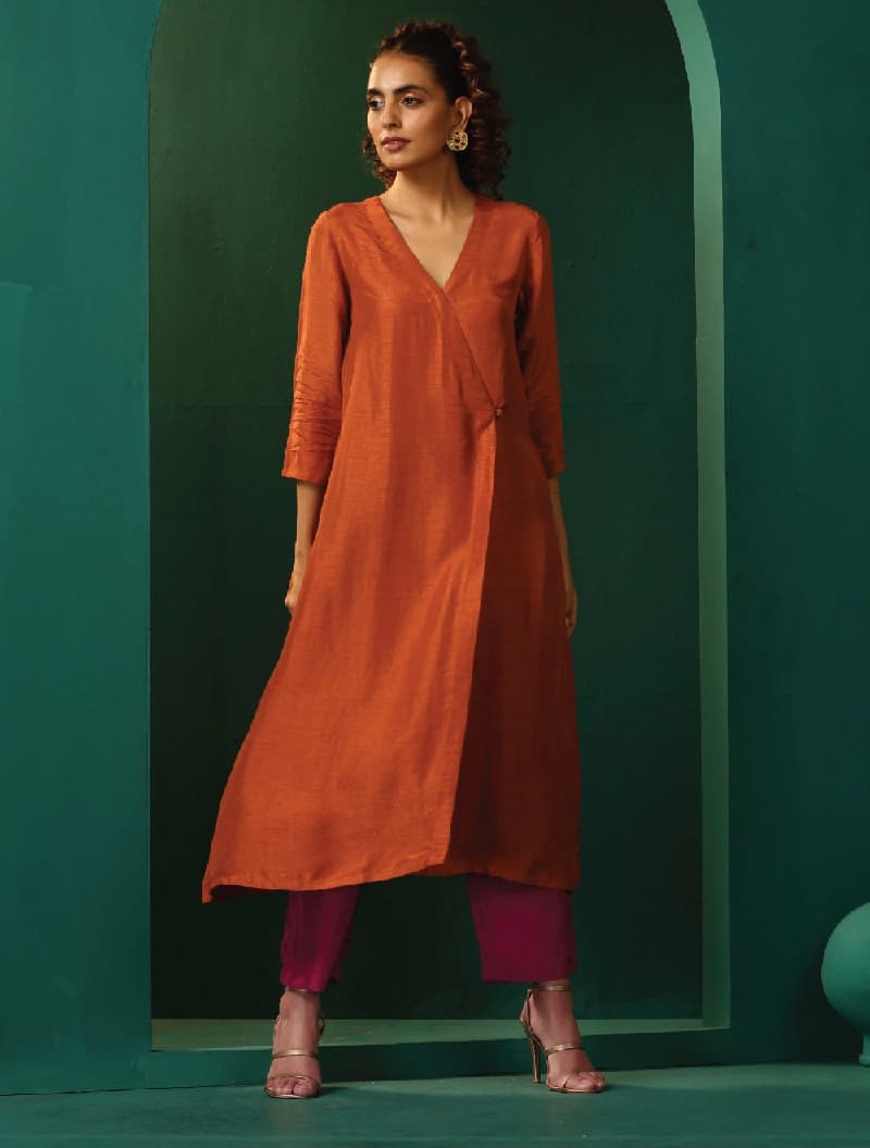 Women's Orange Casual Regular Fit Kurta Set