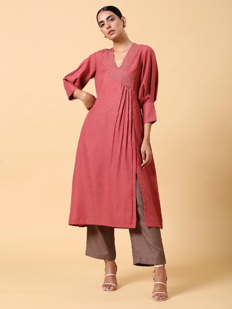 Women's Red Casual Regular Fit Kurta Set