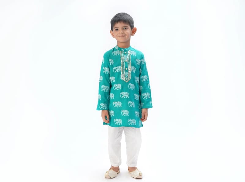 Boys Festive Green Kurta With Pant Set