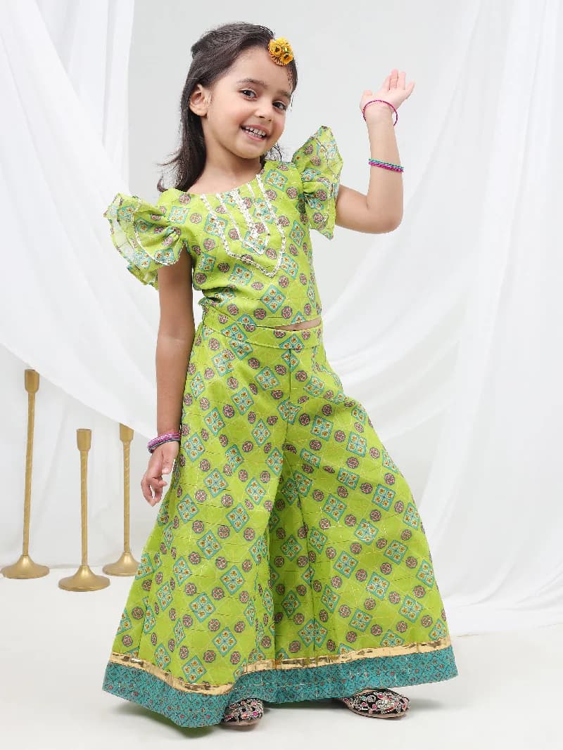 Girls Festive Raangoli Crop Top With Palazzo Co-Ordinate Set