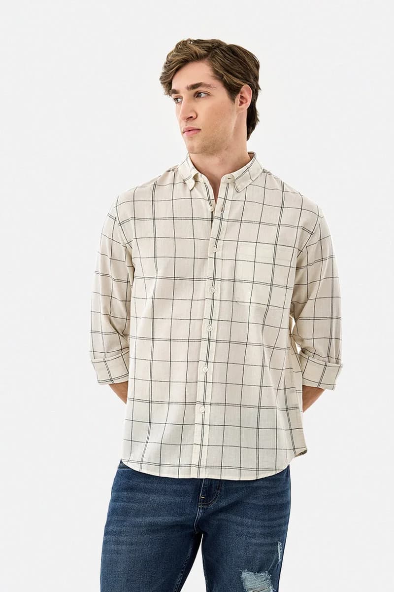 Men's Beige Casual Checked Regular Fit Cotton Shirt