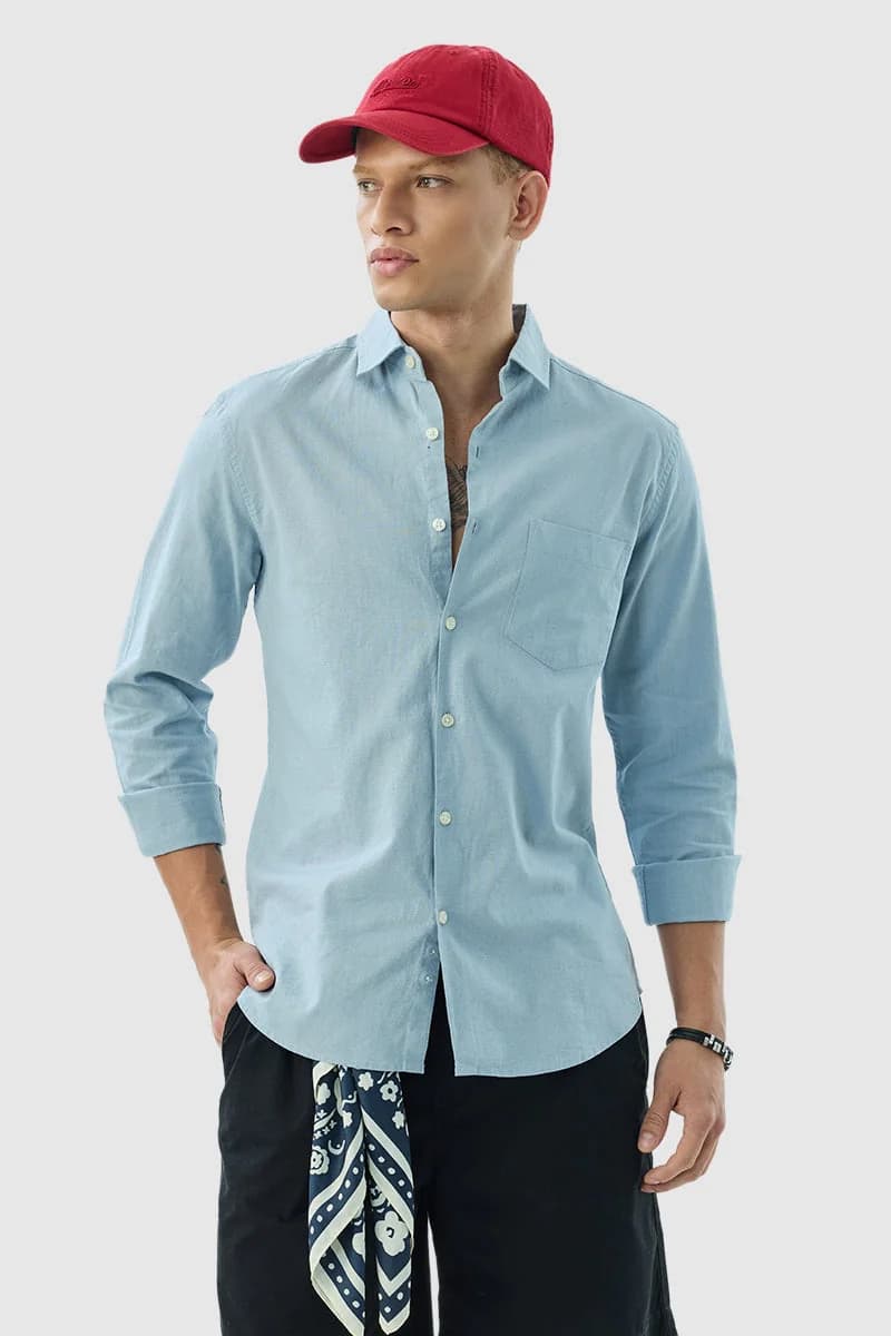 Men's Blue Casual Solid Slim Fit Cotton Shirt