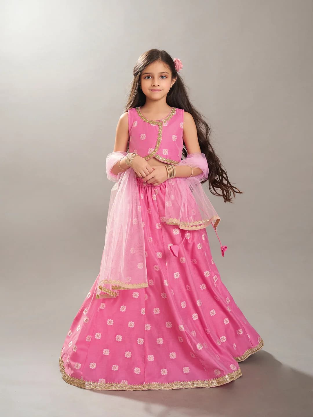Girls Pink Jacquard Booti Ready to Wear Lehenga & Choli with Dupatta
