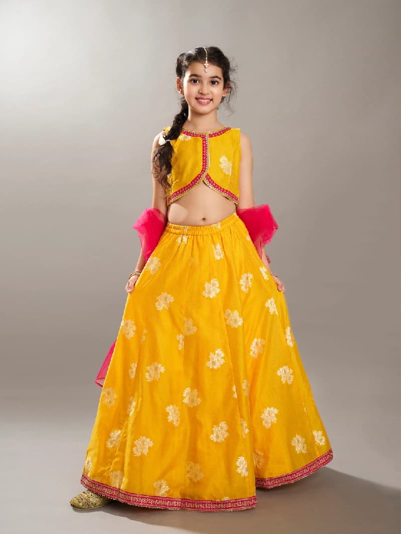 Girls Yellow Jacquard Booti Ready to Wear Lehenga & Choli with Dupatta