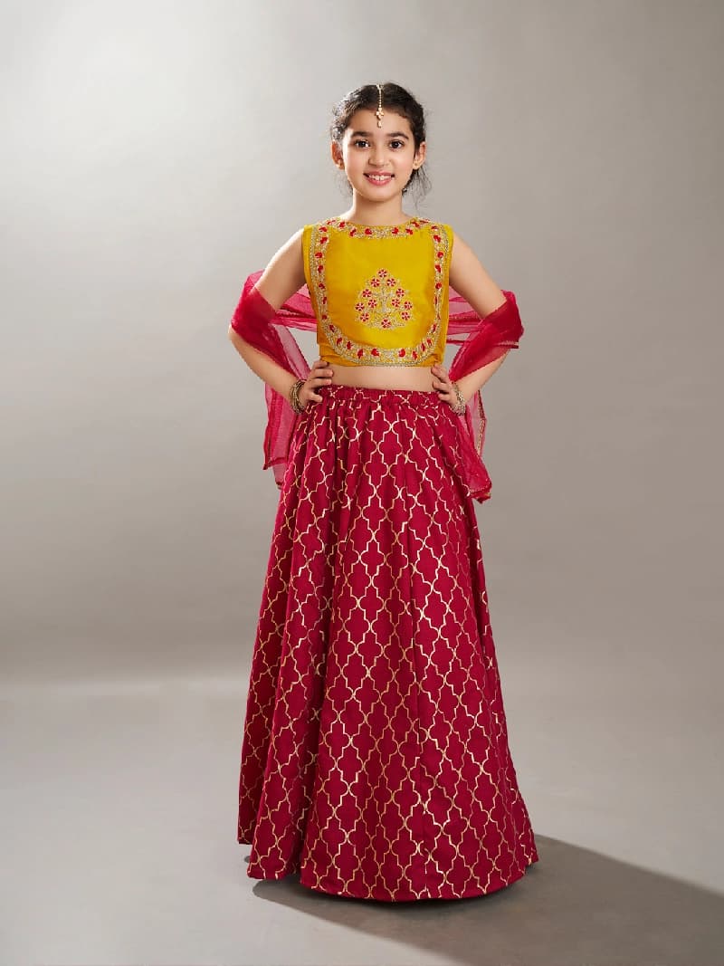 Girls Maroon & Yellow Foil Print with Embroidered Yoke Choli Lehenga with Dupatta