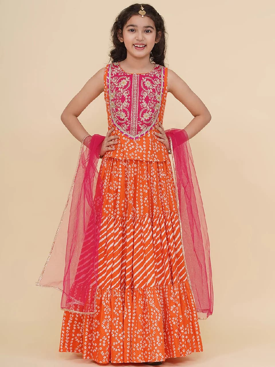 Girls Pink Embroidered Choli Orange Bandhej Leheriya Ready to Wear Lehenga with Dupatta