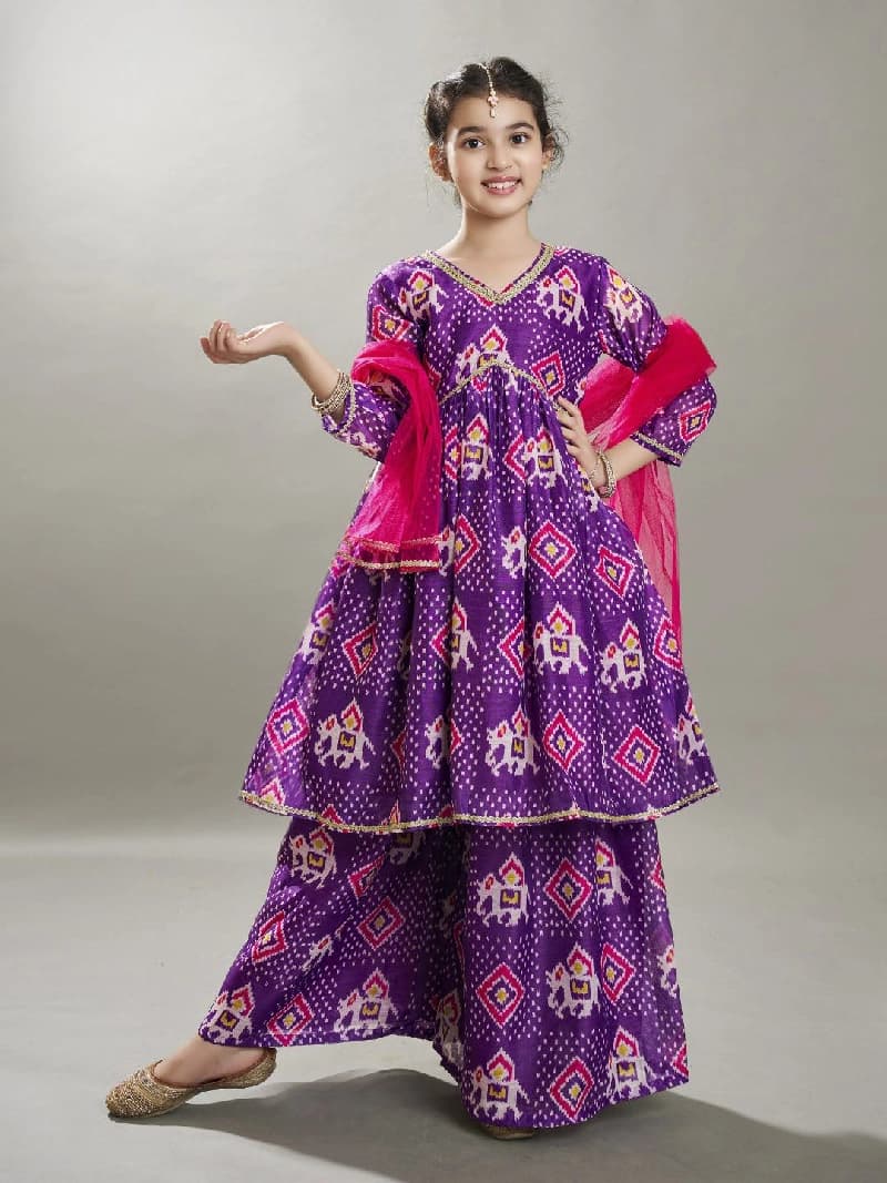 Girls Purple Ethnic Motifs Print Design Kurta with Palazzos and Dupatta Set