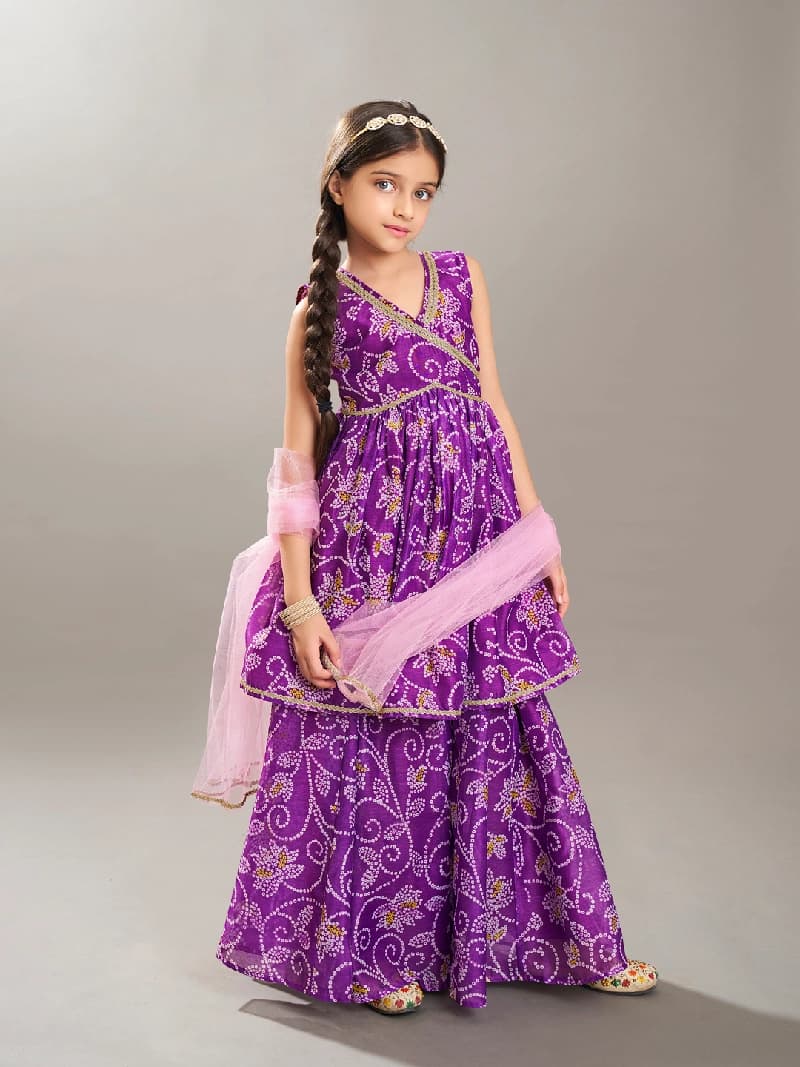 Girls Purple Angrakha Gotta Patti Kurta with Sharara and Dupatta