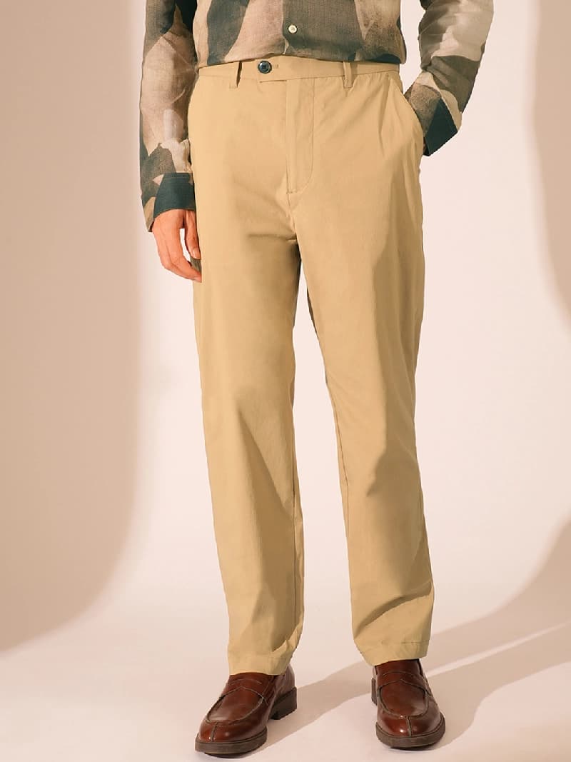 Men's Beige Casual Solid Trousers