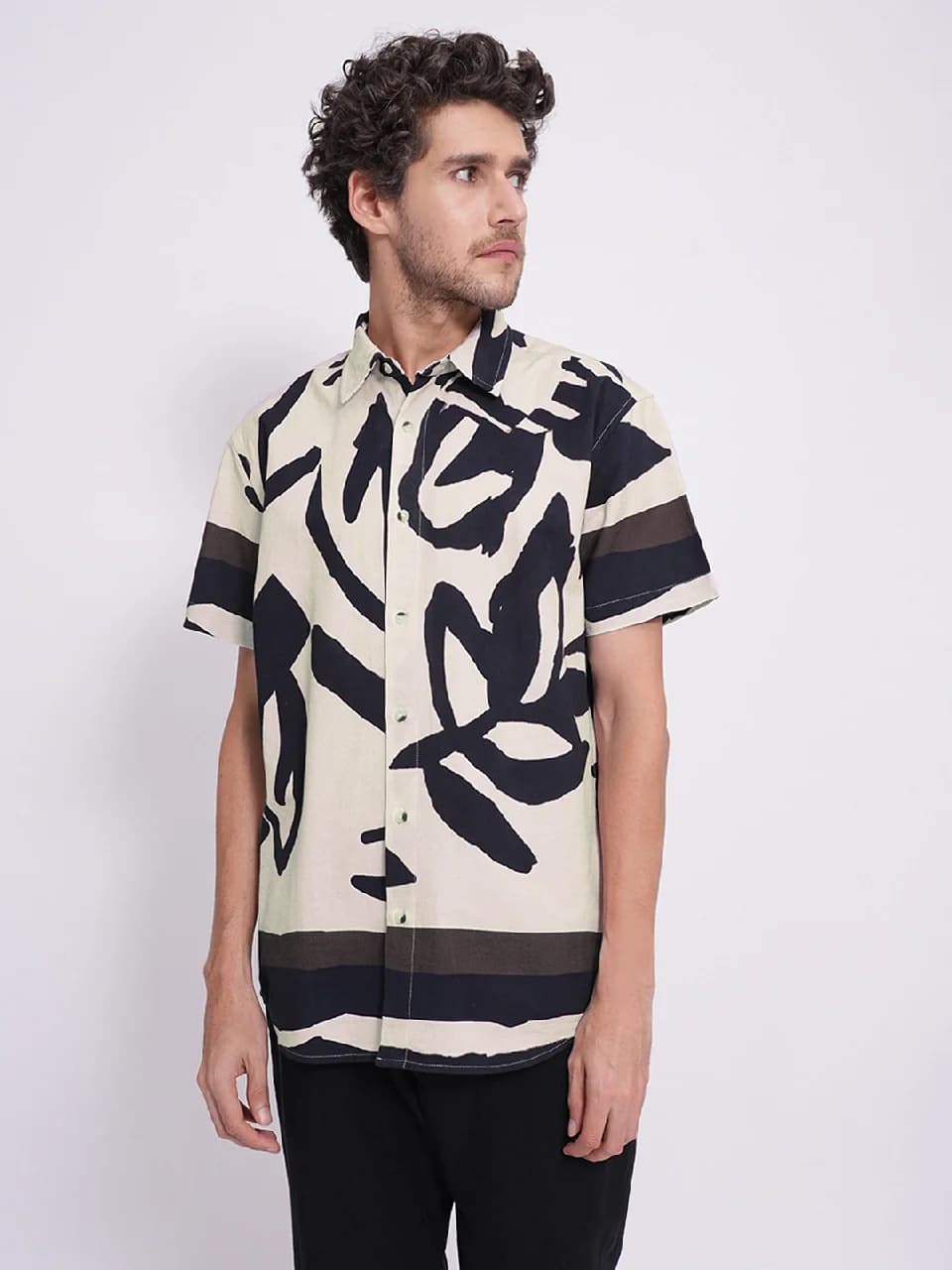 Men's Beige Casual Half Sleeves Printed Cotton Shirt