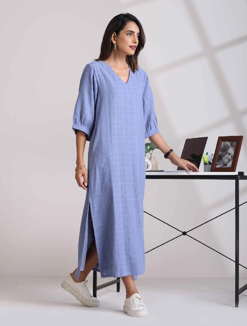 Women's Blue Casual Solid Baggy Fit Dress