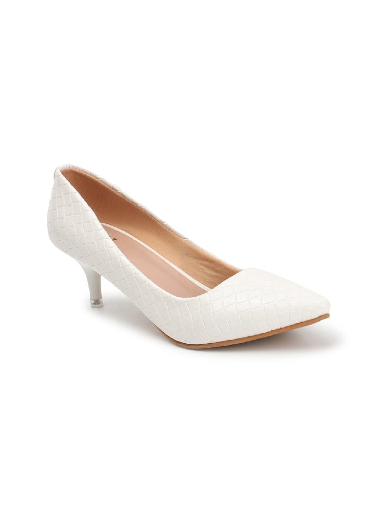 Women's White Textured Pointed Toe Kitten Heel Pumps