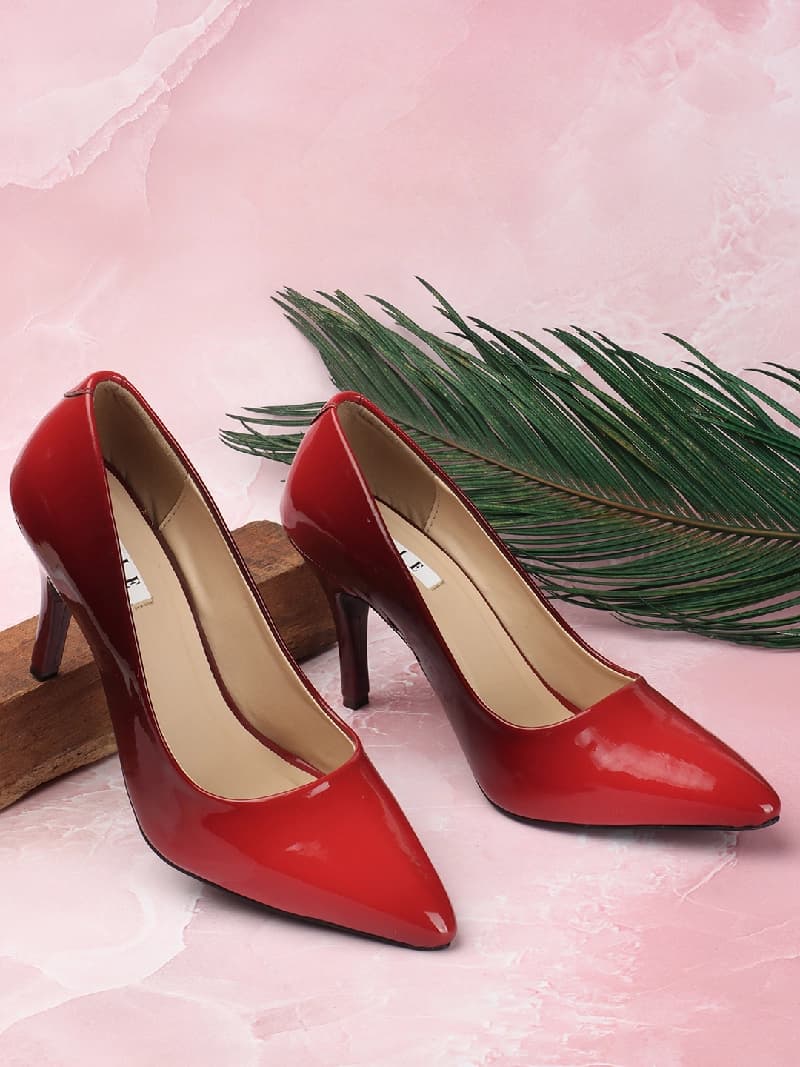 Women's Red Pointed Toe Glossy Pumps with Stiletto Heel