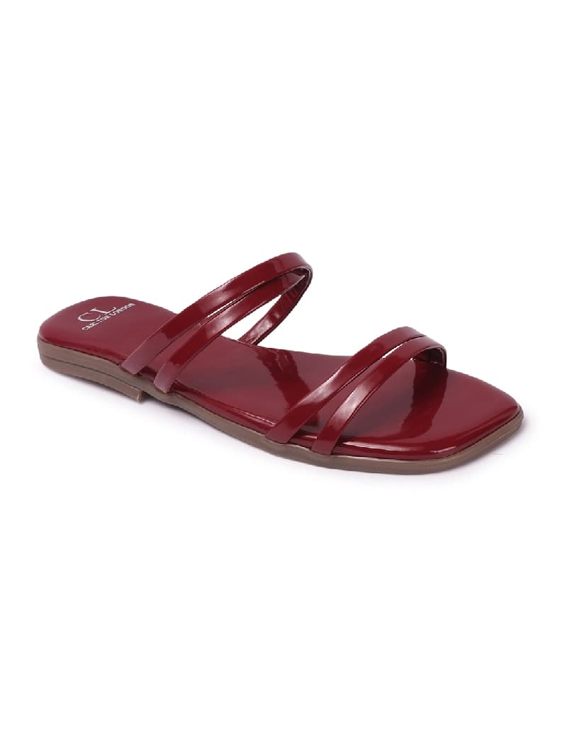 Women's Red Glossy Double Strap Flat Slides