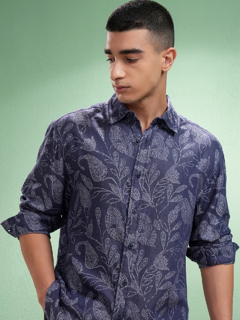 Men's Blue Casual Printed Regular Fit Shirt