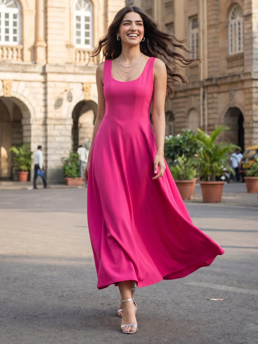 Women's Pink Casual Solid Flared Fit Dress