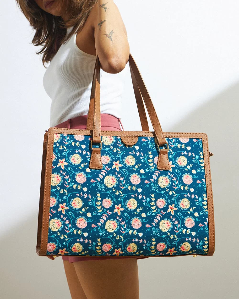 Women's Blue PU Printed Double Strap Matte Bloom Office Tote
