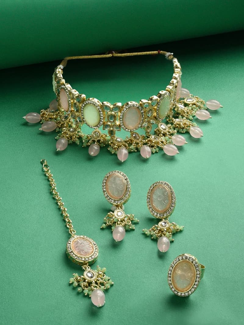 Women's Pink Green Stones Beads Kundan Necklace Earring Ring & Maangtikka Set