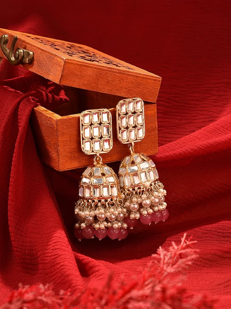 Women's Pink Cluster Beads & Dazzling Kundan Embellished Statement Jhumki Earring