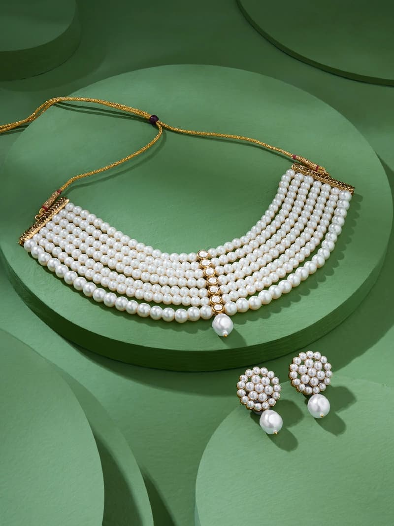 Women's Gold Tone Multistrand Beaded Pearls Contemporary Choker Necklace & Earring Set