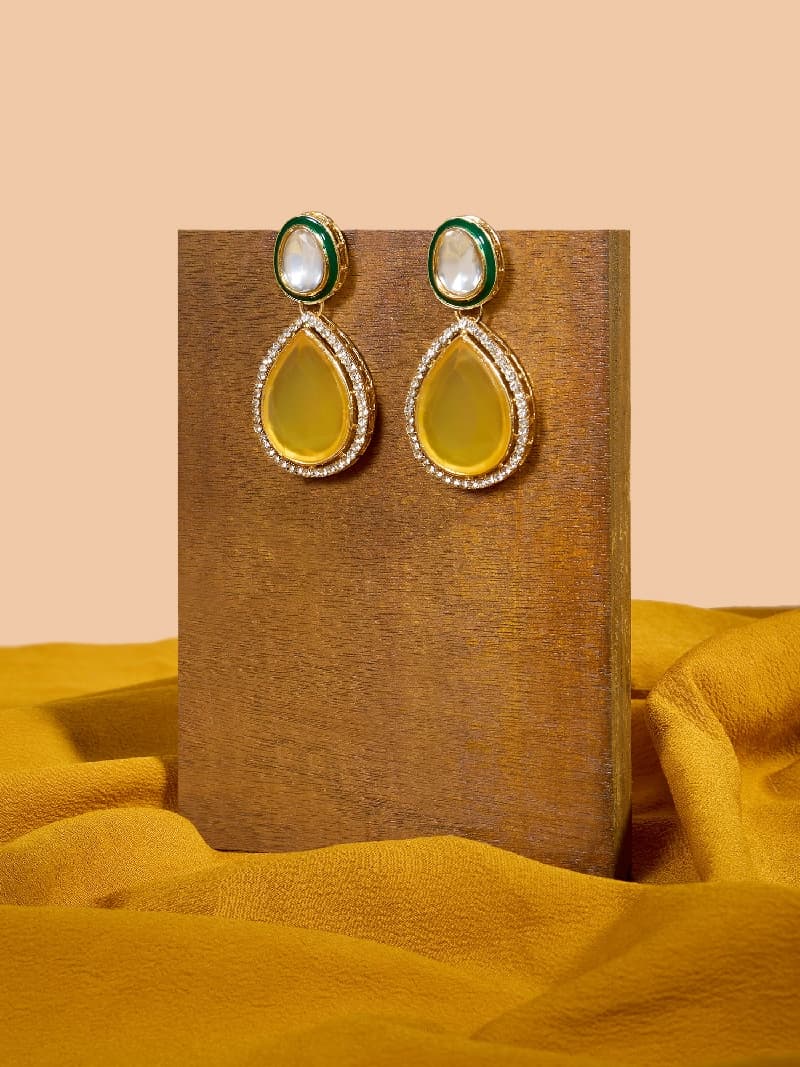 Women's Yellow Teardrop Stone Green Meenakari Austrian Diamonds Embellished Drop Earring