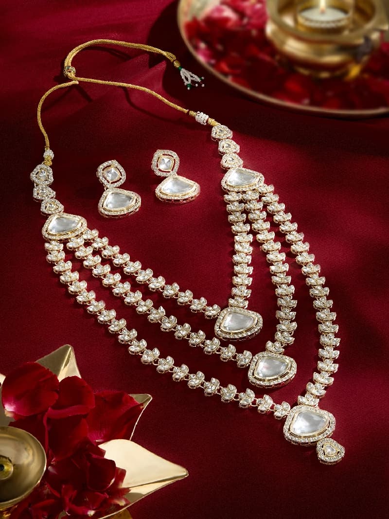 Women's Gold Tone Dazzling Stones Layered Bridal Necklace & Earring Set